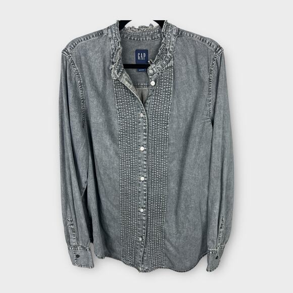 Gap Black Denim Wash Pleated Rhinestone Button Collared Blouse NWOT XL - Picture 1 of 8